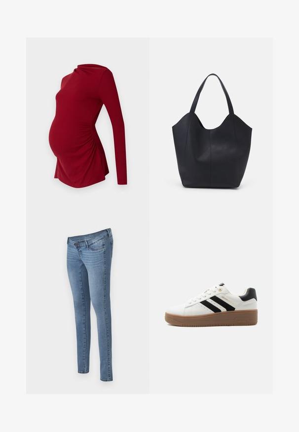 Pitkähihaista punaisesta äitiyspaidasta ribbineulosta, jossa on laskostettu pääntie ja sivusomistus kasvavan vatsan mukauttamiseksi.; MAMALICIOUS Skinny fit maternity Mid waist - Skinny-Farkut - medium blue denim; Valkoinen matala lenkkitossu, jossa mustat raidat, ruskea kumipohja, nauhallinen edusta ja pehmustettu musta kantakaulus.; Mustat kangaskassit, jotka on valmistettu sileästä nahasta, jossa on kaareva, avoin yläosa, kaksi olkahihnaa ja minimalistinen muotoilu.