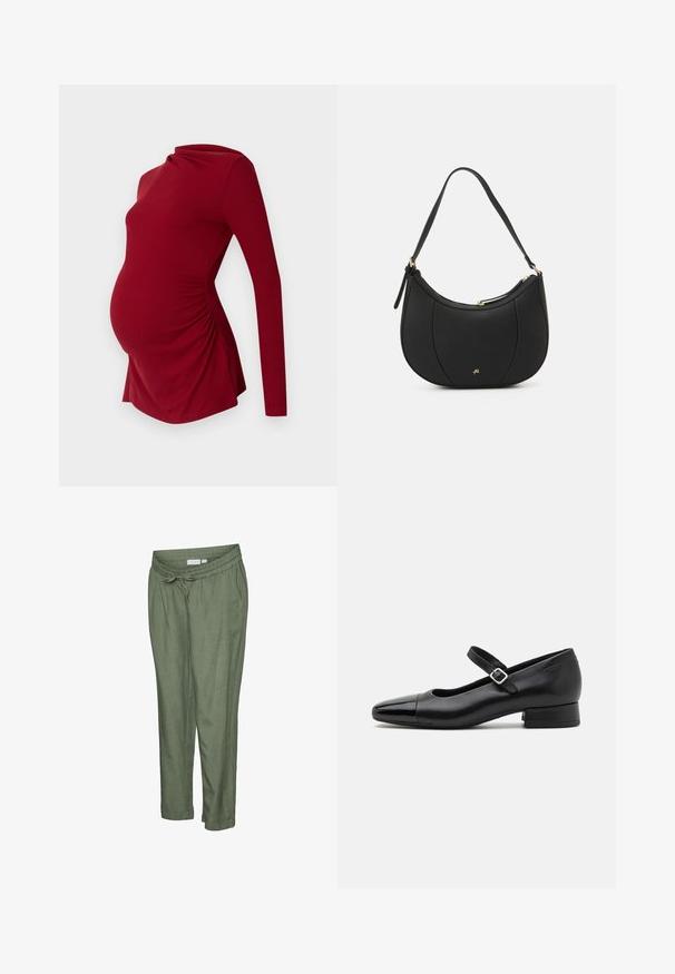Haut de maternité à manches longues en texture côtelée, avec un décolleté drapé et un ruché sur les côtés pour s'adapter à un ventre en croissance.; Pantalon léger de couleur vert olive avec une coupe décontractée. Caractérisé par une taille élastique avec cordon de serrage, des ourlets retroussés et des poches latérales.; Chaussures Mary Jane en cuir noir avec un embout en vernis, une sangle cheville réglable et un petit talon carré. Texture lisse et design élégant.; Sac à main en cuir noir avec une forme courbée, surface texturée, coutures avant et un logo doré. Il est doté d'une seule sangle ajustable.