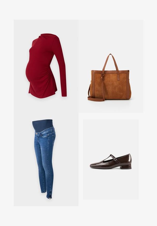Langærmet rød graviditetstop i ribbet tekstur, med en draperet halsudskæring og sidelæggede detaljer for at rumme en voksende mave.; Graviditetsjeans i mørkeblå denim. Slim fit med et strækbart, støttende mavebånd. Har sidelommer med lynlås ved anklen.; Brune Mary Jane-sko i laklæder med en rundet tå, udskæringsdesign og justerbar rem. Lav blokhæl.; Brun ruskind tote taske med læderdetaljer, der har to håndtag, en aftagelig skulderrem og et enkelt, struktureret design.