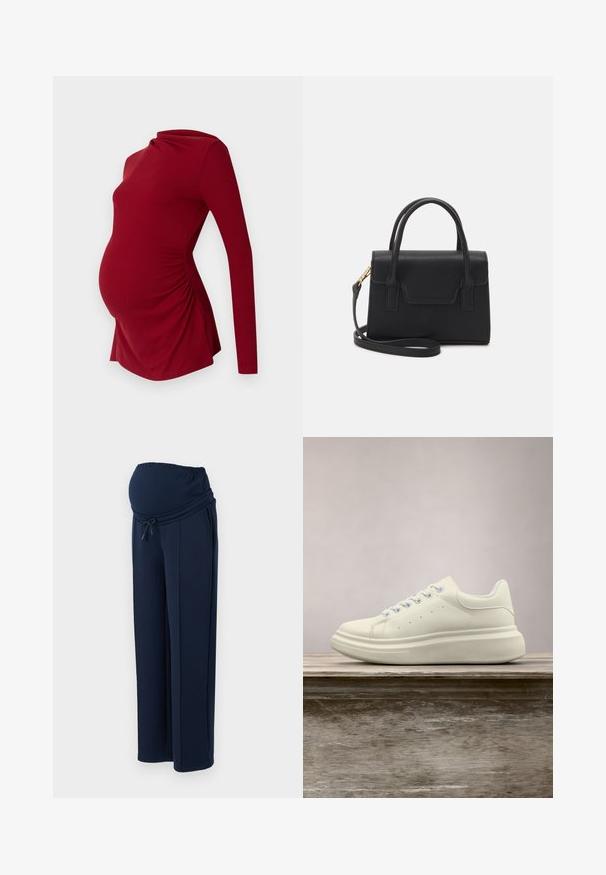 Top de maternidad rojo de manga larga con textura acanalada, que presenta un escote drapeado y fruncido lateral para acomodar una barriga en crecimiento.; Pantalones de maternidad de color navy, confeccionados en una tela suave, con una cinturilla elástica y cordón ajustable, y con dos bolsillos laterales para mayor comodidad.; Zapatilla deportiva de cuero blanco con puntera redonda, textura lisa y cordones en contraste. Cuenta con orificios de ventilación y una suela de goma gruesa para mayor comodidad.; Bolso estructurado negro de cuero con un asa superior, correa de hombro desmontable y un detalle de tapa en la parte frontal. Acentos en dorado.