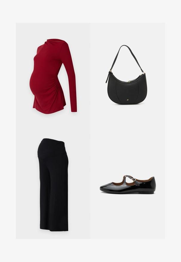 Haut de maternité à manches longues en texture côtelée, avec un décolleté drapé et un ruché sur les côtés pour s'adapter à un ventre en croissance.; Pantalons larges noirs côtelés avec une taille haute. Le tissu est lisse et extensible, offrant une coupe décontractée sur toute la longueur des jambes.; Chaussure plate Mary Jane en cuir verni noir avec deux découpes et une bride à boucle dorée sur fond blanc.; Sac à main en cuir noir avec une forme courbée, surface texturée, coutures avant et un logo doré. Il est doté d'une seule sangle ajustable.