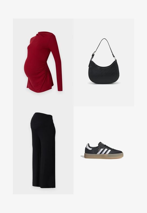 Top de maternidad rojo de manga larga con textura acanalada, que presenta un escote drapeado y fruncido lateral para acomodar una barriga en crecimiento.; Pantalones anchos de canalé negros con una cintura alta. La tela es suave y elástica, creando un ajuste relajado a lo largo de las piernas.; Zapatilla deportiva de cuero negro con tres rayas plateadas, punta texturizada y suela de goma. Cuenta con un collar acolchado y un diseño con cordones.; Bolso hobo negro hecho de cuero suave con una silueta curva, que cuenta con una sola correa ajustable y detalles de diseño minimalistas.