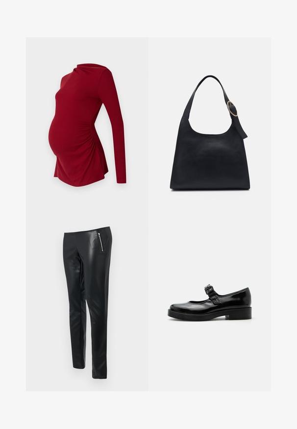 Haut de maternité à manches longues en texture côtelée, avec un décolleté drapé et un ruché sur les côtés pour s'adapter à un ventre en croissance.; Pantalons en simili cuir noir avec une coupe slim, dotés d'une poche avant zippée et d'une texture lisse et brillante.; Chaussure Mary Jane en cuir verni noir avec bout rond, petit talon bloc et bride réglable avec boucle sur le coup de pied.; Sac en cuir noir avec une texture lisse, un corps arrondi et une seule anse, ornée d'un accent en métal doré rond.