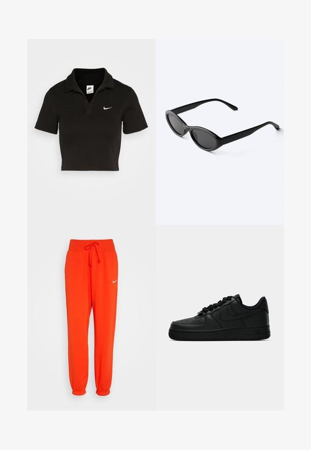 Polo negro recortado de algodón con un collar tradicional y mangas cortas. Presenta un logo de Nike en blanco en el lado izquierdo del pecho.; Nike Sportswear W PHNX FLC HR OS - Pantalones deportivos - picante red/sail; Zapatilla negra Nike Air Force 1 con parte superior de cuero, puntera redonda, cierre con cordones y suela texturizada, que presenta un logo sutil en el costado.; Gafas de sol ovaladas negras y elegantes con lentes oscuras y patillas rectas, reposando sobre una superficie blanca.
