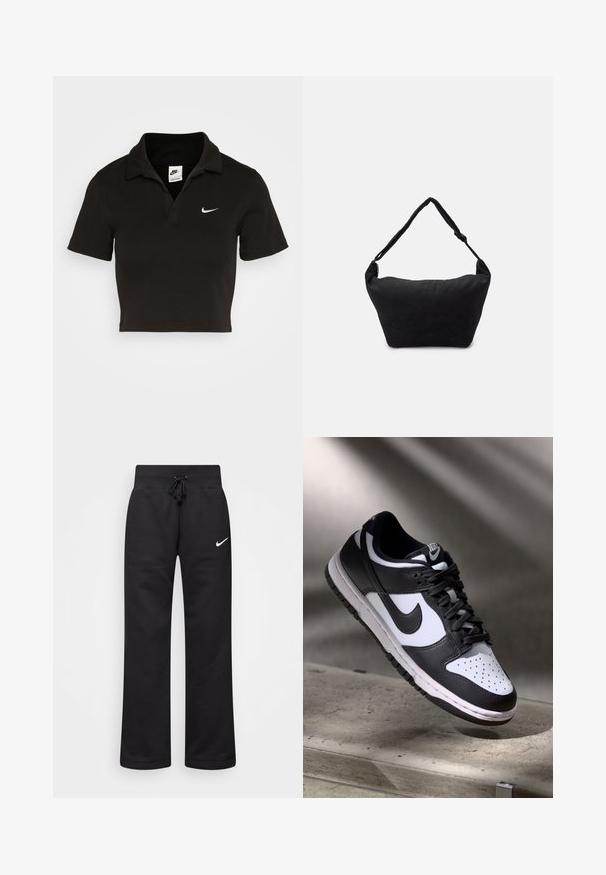 Polo negro recortado de algodón con un collar tradicional y mangas cortas. Presenta un logo de Nike en blanco en el lado izquierdo del pecho.; Pantalones de chándal negros hechos de una mezcla de algodón, con una cintura elástica ajustable, piernas rectas y un logo blanco de Nike en el lado izquierdo.; Zapatilla Nike Dunk Low en blanco y negro con parte superior de cuero, caja de dedos perforada y cordones negros, que cuenta con una suela blanca y acentos de logo.; Bolso de hombro de tela negro con una superficie suave y texturizada, forma redondeada y una sola correa. Diseño minimalista sin hardware ni acentos visibles.