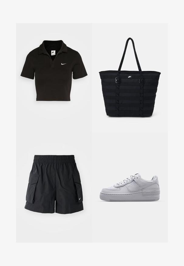 Polo negro recortado de algodón con un collar tradicional y mangas cortas. Presenta un logo de Nike en blanco en el lado izquierdo del pecho.; Pantalones cortos cargo negros hechos de tejido ligero, con una cintura elástica, dos bolsillos laterales y un pequeño logo blanco en el dobladillo.; Zapatilla Nike Air Force 1 gris con puntera perforada, parte superior de cuero suave, suela gruesa y detalle en relieve 'AIR' en el talón.; Bolso tote de nailon negro con diseño de cintas horizontales, asas dobles y dos acentos decorativos de hardware. Pequeño logotipo en la parte frontal.