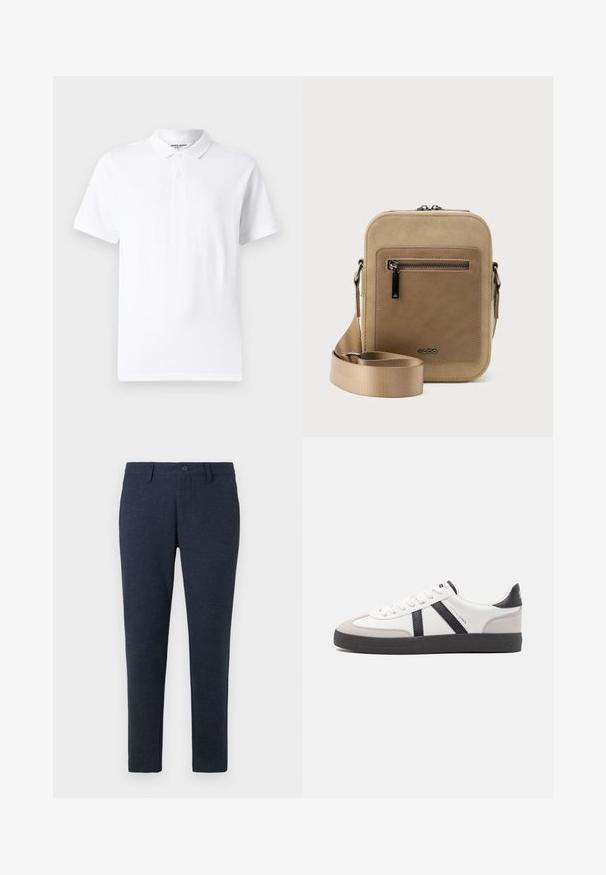 Witte polo met een klassieke kraag, knoopsluiting met twee knopen, korte mouwen en een klein logo op de borst. Gemaakt van gladde stof.; Donker marineblauwe slim-fit broek met riemlussen, een knoop aan de voorkant en zijzakken, weergegeven op een witte achtergrond.; Witte sneaker met zwarte en grijze accenten, voorzien van een grijze neus met textuur, zwarte rubberen zool en platte witte veters. Schoon ontwerp, minimalistische stijl.; Kleine beige crossbodytas met een voorvak met ritssluiting, metalen ALDO-logo, verstelbare brede band en afgeronde rechthoekige vorm op een witte achtergrond.