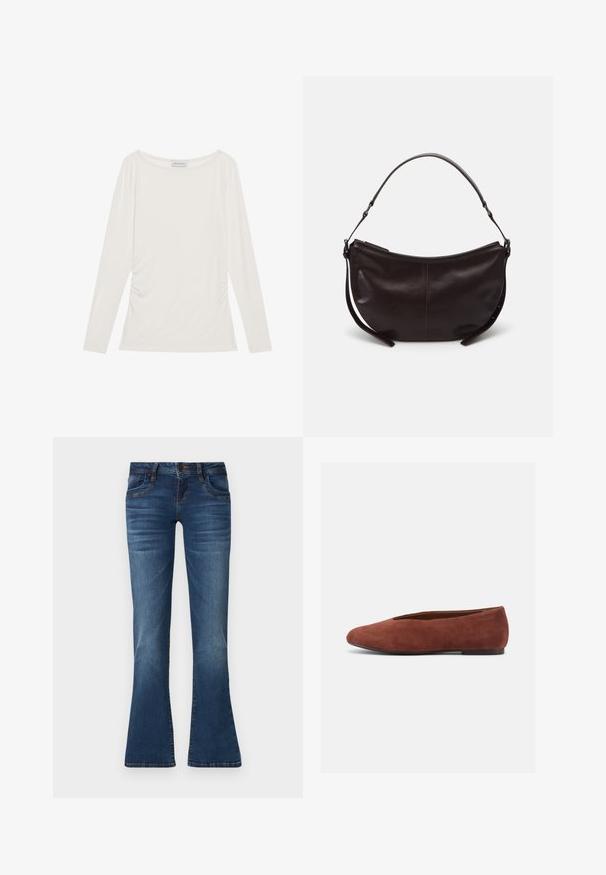 Hvid langærmet bluse lavet af blødt stof, med rund halsudskæring og sammenfoldede detaljer på siderne for ekstra tekstur.; Blå denimjeans med en let flagrende ben, knaplukning foran, lommer og diskrete falmede detaljer på lår og knæ.; Flad brun ruskind ballerinasko til kvinder med rundet tå og lav hæl, vist i venstre sideprofil på hvid baggrund.; Mørkebrun læder skuldertaske med en buet form, glat tekstur og en enkelt justerbar rem. Har lynlåslukning.