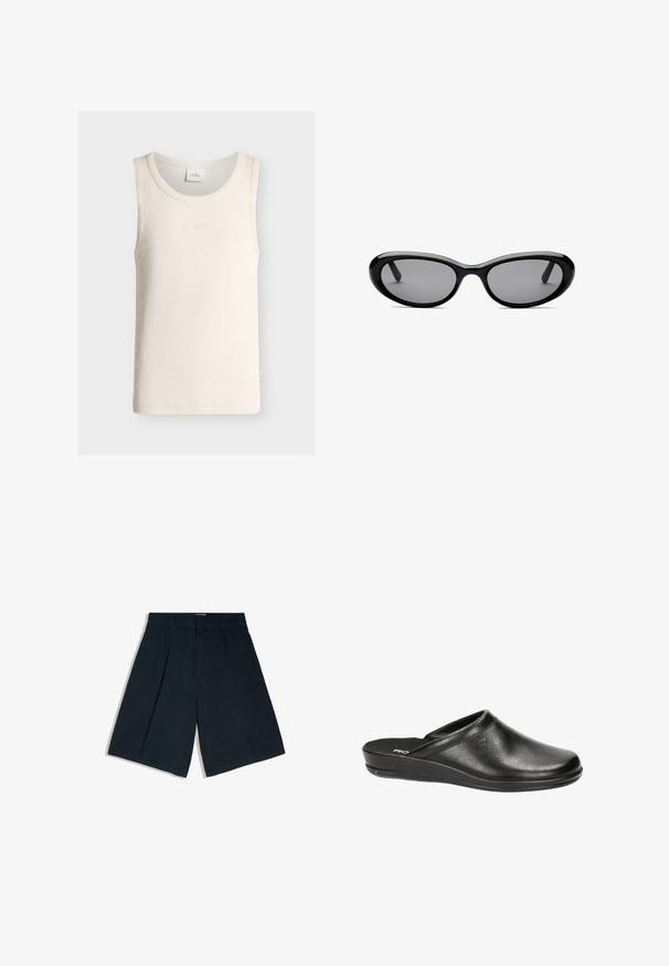 Ärmelloses, geripptes cremefarbenes Tanktop mit Rundhalsausschnitt und dezentem "LES DEUX"-Stick auf der Brust.; Schwarze knielange Shorts mit Gürtelschlaufen, Vorderfalten und einem verdeckten vorderen Verschluss, auf weißem Hintergrund dargestellt.; Schwarze Lederclogs mit abgerundetem Zehenbereich, niedrigem Absatz und schlupfendem Design. Merkmale sind eine glatte Textur und dezente Nähte auf dem Obermaterial.; Schwarze ovale Sonnenbrille mit dunkel getönten Gläsern und dicken glänzenden Fassungen, von vorne auf weißem Hintergrund gezeigt.