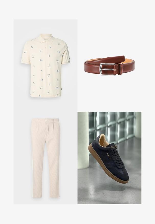 Polo de manga corta color crema con cuello y botones, con pequeños estampados náuticos en azul marino de veleros, anclas y delfines.; Pantalones beige con un diseño sutil de hojas, bien confeccionados, con cierre de botones y bolsillos laterales. Textura de tela suave.; Zapatilla de ante azul marino con suela de goma color caqui, con puntera redonda, cordones planos y logo en relieve en la lengüeta. Diseño minimalista.; Cinturón de cuero marrón con textura suave, que presenta una hebilla de metal plateado y un diseño clásico. El interior es color beige. Simple y funcional.