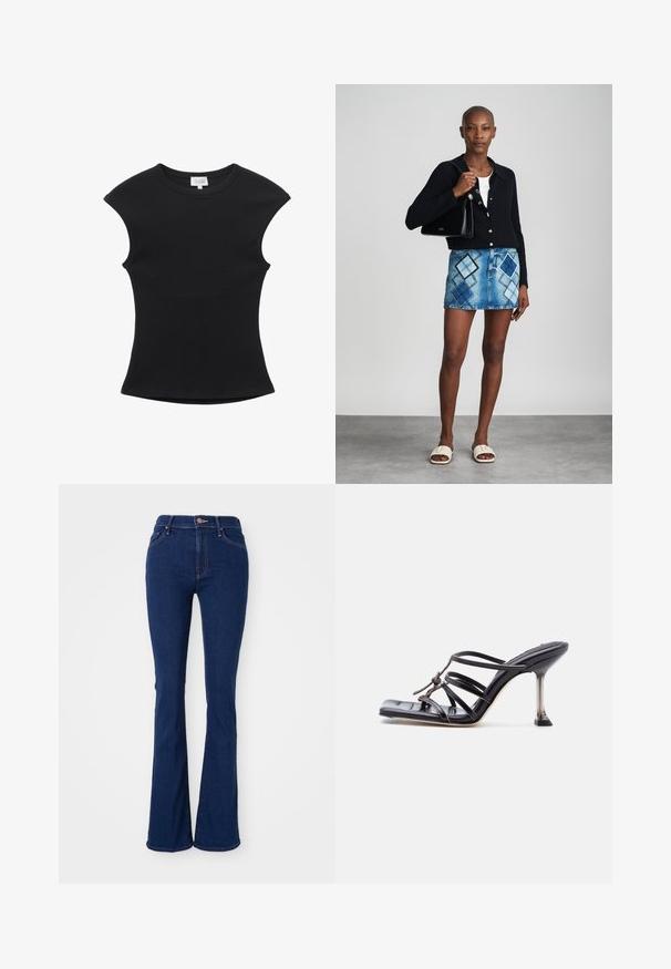 Sort ærmeløs tætsiddende ribstrikket top med rund halsudskæring og let strækstof.; Flarede mørkeblå jeans i bomuldsdenim, høj i taljen med fem lommer, subtile syninger og en glat finish.; Sort højhælet sandal med stropper, firkantet tå og tynd stilet hæl, med overlappende stropper og en knudedetalje på overdelen.; Sort striktrøje, hvid top, denimnederdel med blå og sort diamantmønster, sort håndtaske og beige slidesandaler.