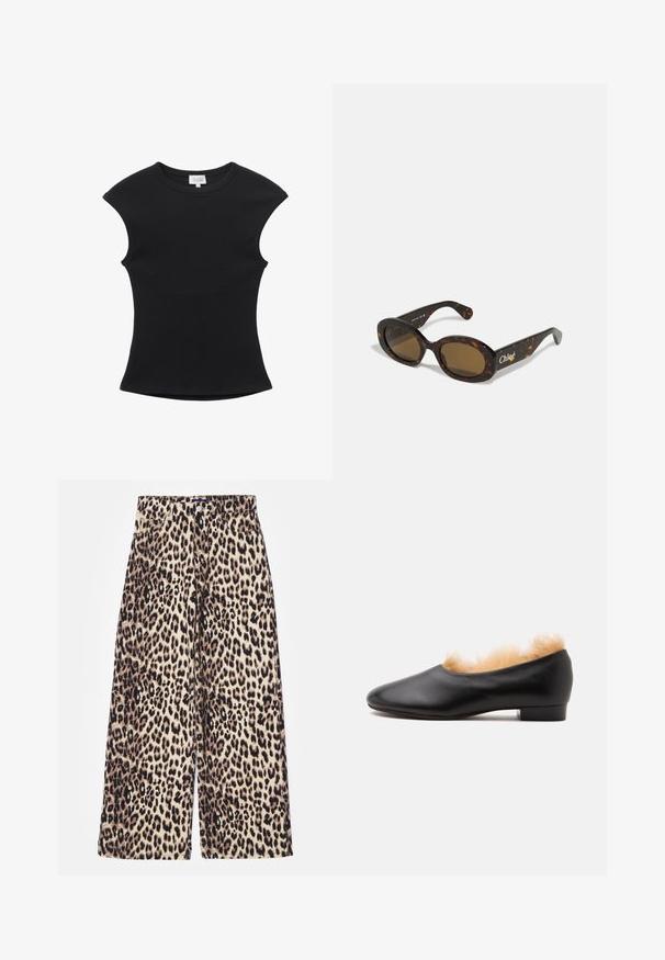 Haut noir moulant sans manches en maille côtelée avec un col rond et un tissu légèrement extensible.; Pantalons larges en imprimé léopard, composés d'un mélange de coton. Dotés d'une taille haute, d'une fermeture à bouton et de poches avant. La palette de couleurs comprend du beige et du noir.; Chaussure plate en cuir noir avec un petit talon et une doublure en fourrure marron clair visible autour de l'ouverture, présentée en profil sur fond blanc.; Lunettes de soleil en écaille de tortue avec des montures ovales, des verres teintés bruns et le logo "Chloé" sur la branche. Matériau en plastique lisse avec finition brillante.