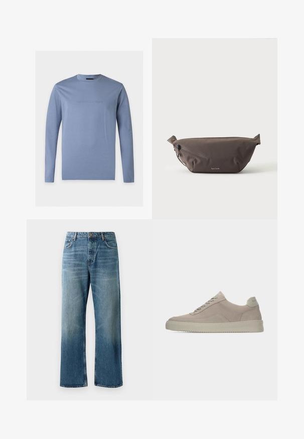 Chemise bleu clair à manches longues avec col rond et logo Emporio Armani en relief centré sur la poitrine, fond blanc.; Jeans oversize bleu clair avec un délavage, featuring une fermeture à un bouton, cinq poches et des coutures contrastées.; Baskets en daim beige avec une finition texturée, un bout arrondi et des lacets ton sur ton. Elles présentent une semelle en caoutchouc épaisse et un branding discret sur le talon.; Sac banane en tissu marron foncé avec poche zippée en diagonale et petit logo blanc sur le devant, sur un fond clair uni.