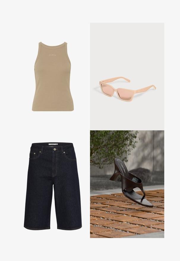 Beige ribbelachtige tanktop met een ronde halslijn, mouwloos ontwerp en een klein reliëflogo op de voorkant. Zachte stoftextuur.; Donkerdenim shorts met een middelhoog taille, rechte snit en contrasterende oranje stiksels. Beschikt over voorzakken en een knoopsluiting.; Bruine Calvin Klein teenslipper met hak, hangend boven houten tegels en grind op een buitenvloer met een vage achtergrond van groen en stenen.; Rechthoekige lichtperzikkleurige zonnebril met dikke monturen en bijpassende getinte glazen op een effen lichte achtergrond.