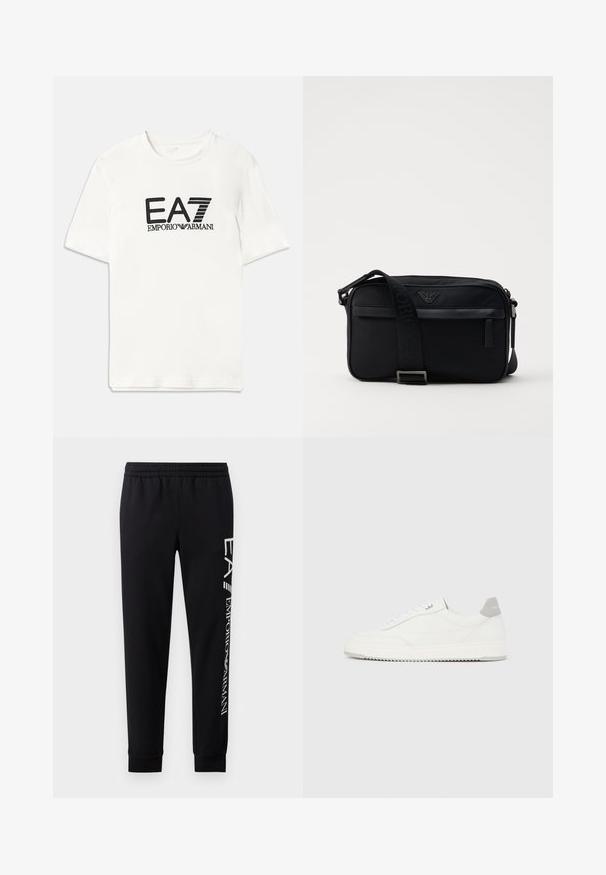 Camiseta blanca de algodón con un logo negro de EA7 y el texto "EMPORIO ARMANI". Mangas cortas, cuello redondo, corte regular, textura suave.; Pantalones de chándal negros hechos de una mezcla de algodón, con una cinturilla elástica, piernas estrechas, puños acanalados y estampado de logo blanco en el lateral.; Zapatilla blanca de corte bajo con pestaña en el talón gris, cordones blancos y suela texturizada, presentada sobre un fondo claro y liso.; Bolso de hombro negro de nailon con una correa de contraste, forma rectangular elegante, detalle del logo y un bolsillo con cremallera en la parte frontal.