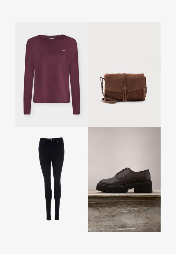 Langærmet crewneck-shirt i dyb bordeaux med lille hvidt broderet logo på venstre bryst.; Sorte skinny jeans lavet af denim med en glat tekstur. Har en frontlukning med knap og lynlås, fem lommer og en slank pasform.; Sort læder snørestøvle med kraftig sål hængende over et træbord udendørs med grøn løvbaggrund.; Brun ruskind skuldertaske med flettet kvastdetalje på frontklappen og justerbar skulderrem.