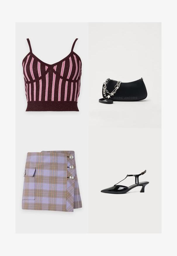 Burgundy strikket crop top med tynde stropper, der har vertikale lyserøde metalliske striber og en ribbet kant. Struktureret stof med definerede sømme.; Rabanne Mini skirts - purple/orange/cream/blue; Sort laklæder spids tå slingback sko med T-rem og lav skrå blokhæl på hvid baggrund.; Sort lædertaske med en buet silhuet, sølvfarvet kædetræk og sikkerhedsnåleaccent. Har prægede "MARC JACOBS" logo på fronten.