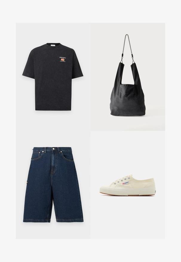 Sort T-shirt med korte ærmer med lille "DOLCEZZA" tekst og fersken-grafik på venstre bryst.; Mørkeblå denimshorts i løs pasform med to frontlommer og en enkelt baglomme, afsluttet med orange syninger.; Beige lærredssneaker med et lavprofildesign, metaløjet og gummisål. Har et tekstureret mønster og logodetalje på siden.; Sort blød stofnettaske med brede håndtag og en tynd sort-hvid flettet skulderrem.