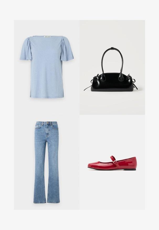 Lichtblauw T-shirt met korte mouwen, poffende mouwen en een vierkante halslijn. Gemaakt van zacht materiaal met een licht gestructureerde afwerking.; Lichtblauwe denim jeans met een flare-pasvorm, hoge taille en minimale hardware. Kenmerken zijn de klassieke vijfzak-stijl en subtiele stiksels.; Rode lakleren Mary Jane ballerina's met een vierkante neus, een bucklestrap en een lage zwarte hak. Soepele textuur en glanzende afwerking.; Kleine zwarte glanzende handtas met twee lange hengsels en zijkant trekkoord details op een effen lichte achtergrond.