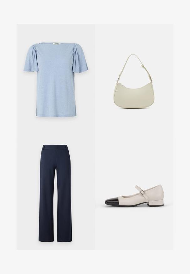 Blusa corta de manga corta en azul claro con mangas abullonadas y escote cuadrado. Elaborada con un material suave con un acabado ligeramente texturizado.; Pantalones de pierna ancha en azul marino, fabricados con un material suave y elástico. Cuentan con una cinturilla plana y una textura suave; sin patrones visibles ni herrajes.; Zapato estilo Mary Jane en cuero crema con puntera de charol negro. Presenta una punta redonda, tirante en el tobillo con una hebilla cuadrada y un tacón bajo y cuadrado.; Pieces PCALUANA SHOULDER BAG - Bolso de mano - birch