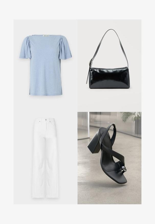 Lichtblauw T-shirt met korte mouwen, poffende mouwen en een vierkante halslijn. Gemaakt van zacht materiaal met een licht gestructureerde afwerking.; Witte wijde spijkerbroeken van denim, met een sluiting aan de voorkant met knopen, riemlussen en vier zakken met een schone, gladde textuur.; Zwarte leren sandaal met hoge hakken, brede band, teenlus en zilveren versiering op een gladde lichtgrijze vloerachtergrond.; Zwarte rechthoekige schoudertas met een enkele verstelbare band en een bovenste ritssluiting op een effen achtergrond.
