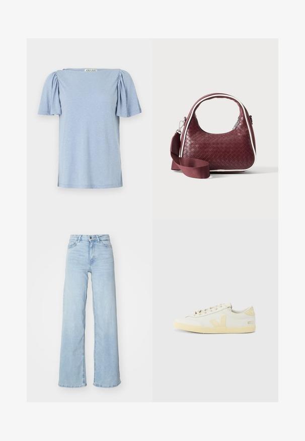 Blusa corta de manga corta en azul claro con mangas abullonadas y escote cuadrado. Elaborada con un material suave con un acabado ligeramente texturizado.; Jeans de mezclilla de pierna ancha en azul claro. Presentan una cintura alta, cierre delantero con botón y dos bolsillos. Textura suave con un leve desgaste.; Zapatillas deportivas de cuero blanco con un acento beige en el lateral y el talón, con una suela de goma texturizada y diseño de puntera redonda.; Bolso de mano de cuero tejido color granate con asa curva, ribete blanco, cremallera plateada y correa desmontable de tela ancha para el hombro sobre fondo liso.