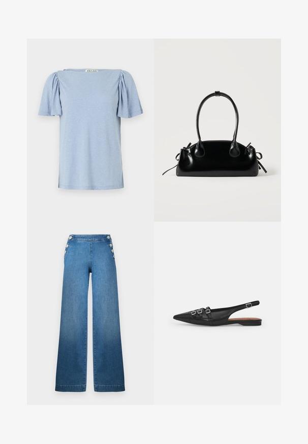 Hellblaues Kurzarmoberteil mit puffigen Ärmeln und quadratischem Ausschnitt. Hergestellt aus weichem Material mit einer leicht strukturierten Oberfläche.; Weite blaue Denim-Hose mit hoher Taille, knöpfbaren Seitendetails und einem sauberen Saum. Der Stoff hat eine glatte Textur mit einem leichten Verblassen.; Schwarze Leder-Slingback-Ballerina mit spitzem Zeh, ausgestattet mit zwei horizontalen Riemen und quadratischen silbernen Schnallen, mit flachem Absatz und glatter Oberfläche.; Kleine schwarze glänzende Handtasche mit zwei langen Griffen und seitlichen Kordelzug-Details vor einfachem hellem Hintergrund.
