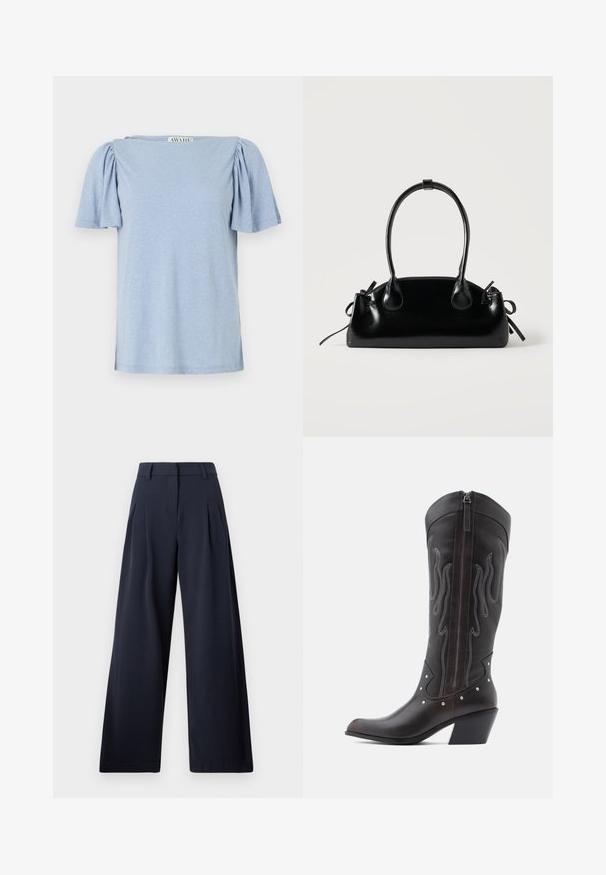 Haut léger bleu clair à manches courtes avec des manches bouffantes et un décolleté carré. Fabriqué en matériau doux avec une finition légèrement texturée.; Pantalons larges navy avec une texture lisse, présentant des plis avant et une taille classique, conçu pour un ajustement décontracté.; Bottes de cowboy en cuir marron avec surpiqûres en forme de flammes, fermeture éclair latérale, clous argentés, bout pointu et talon superposé.; Petit sac à main noir brillant avec deux longues anses et des détails à cordon sur les côtés sur un fond clair uni.