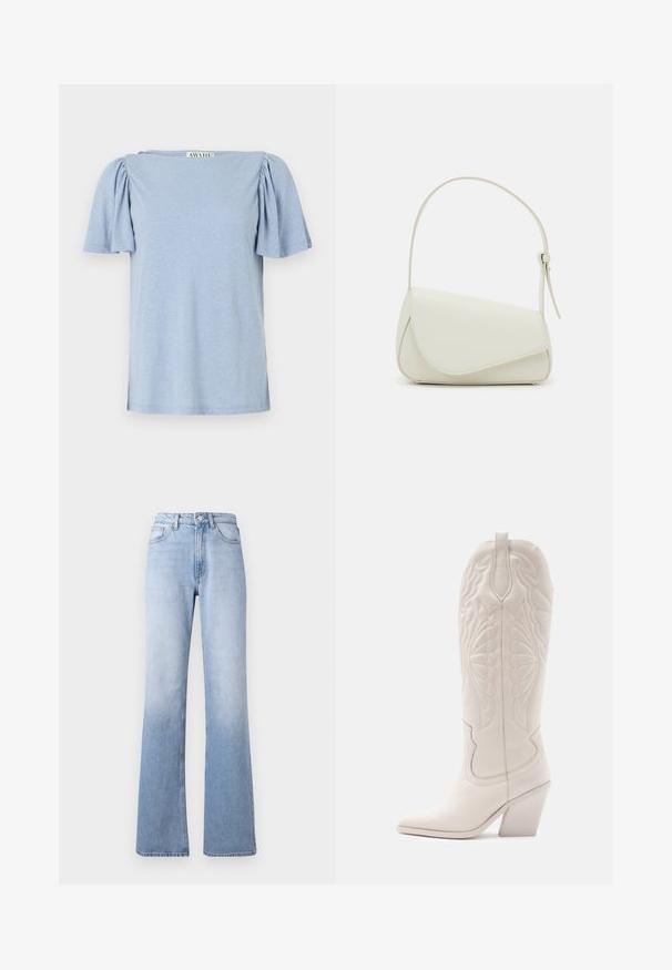 Blusa corta de manga corta en azul claro con mangas abullonadas y escote cuadrado. Elaborada con un material suave con un acabado ligeramente texturizado.; Jeans de mezclilla azul claro de corte acampanado con una cintura alta, que cuentan con un diseño clásico de cinco bolsillos, un ligero desvanecimiento y un cierre de cremallera con botón.; Bota vaquera de cuero blanco con punta afilada y tacón bloqueado. Presenta patrones de costura intrincados en el caña y una textura suave.; Bolso de mano de imitación cuero blanco con una forma triangular estructurada, correa ajustable única y cierre con solapa acentuada en curva.