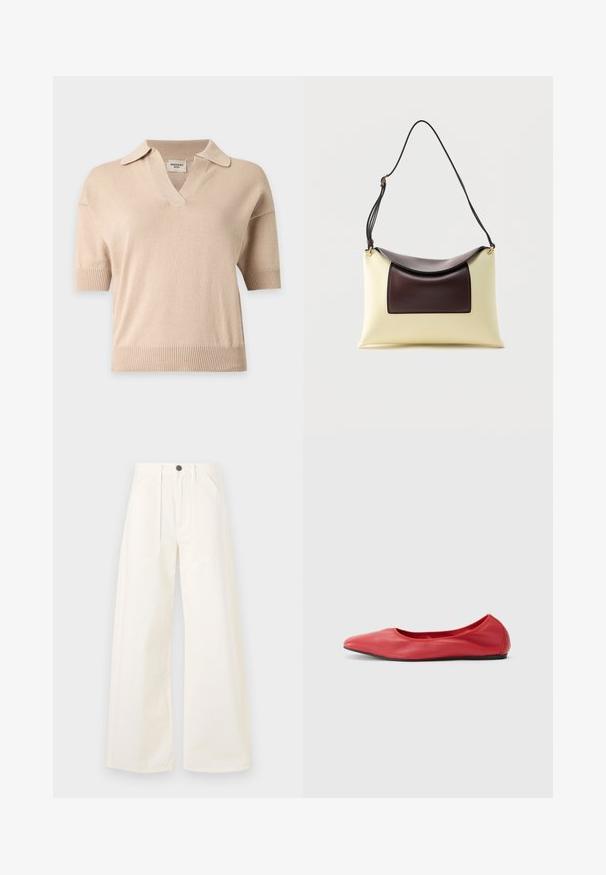 Pull en maille beige à manches courtes avec ourlet et poignets côtelés, col ouvert et encolure en V.; Pantalons à jambes larges en coton blanc cassé, avec une taille haute, deux poches avant et une fermeture à bouton sur le devant.; Filippa K REY FLATS - Ballerines - bright red; Sac à bandoulière en cuir crème et marron foncé avec rabat incurvé et sangle noire ajustable sur fond blanc.