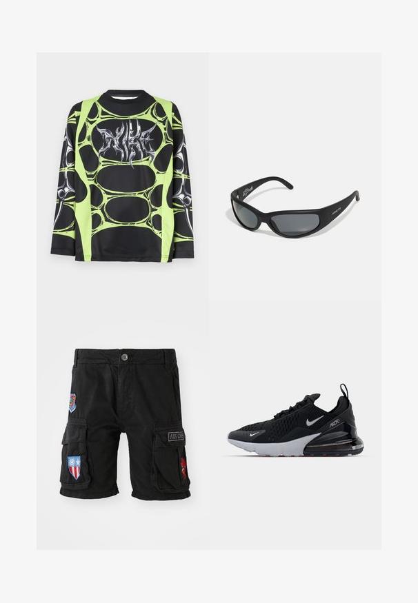 Camiseta deportiva negra de manga larga con patrón abstracto verde y logo gráfico plateado. Fabricada con material ligero y elástico.; Pantalones cortos de carga negros hechos de algodón, con múltiples bolsillos, parches bordados en rojo, azul y verde, y un cierre de botón en la cintura.; Zapatilla deportiva negra con parte superior de malla, mediopie blanca y amortiguación de aire visible en el talón. Diseño elegante con sutiles acentos plateados.; Gafas de sol negras con un marco curvado y lentes oscuros. Presentan un acabado mate y el nombre de la marca "ARNETTE" en el lateral.