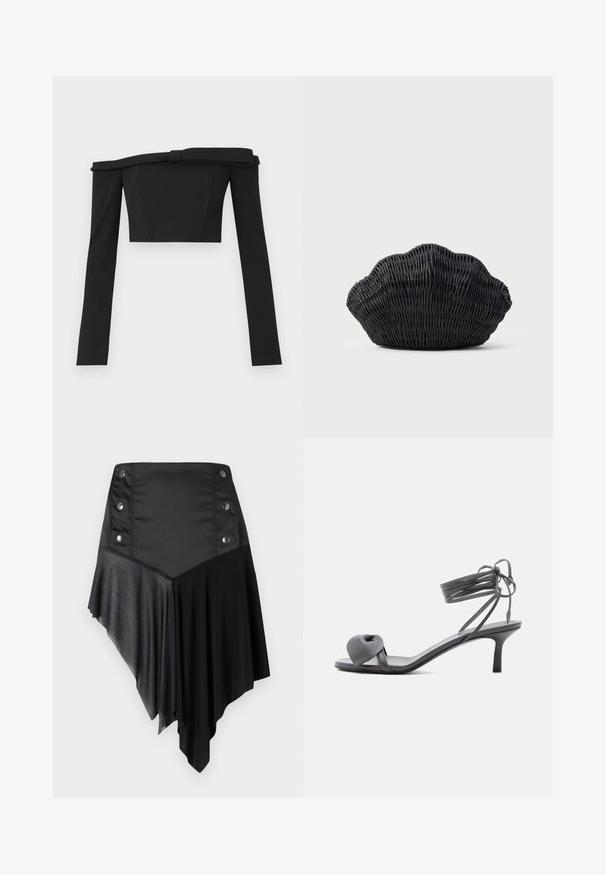 Čierny off-the-shoulder skrátený top s dlhými rukávmi, ktorý má štruktúrovaný dizajn a uzlové detaily na výstrihu, vyrobený z hladkej látky.; Čierna asymetrická sukňa s kombináciou matných a textúrovaných látok, so striebornými gombíkmi na páse a vrstveným lemom.; Sivá kožená sandála na podpätku s uzlom na priehlavku a šnúrkami okolo členka na štíhlom stredne vysokom podpätku na bielom pozadí.; Čierna prútená kabelka v tvare mušle s oblým horným okrajom a tkanou textúrou na jednoduchom pozadí.