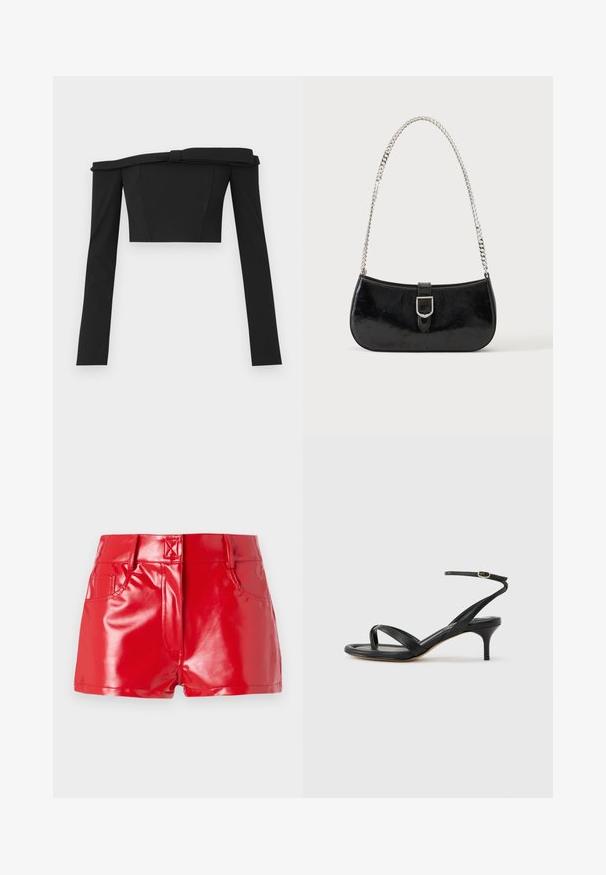 Sort off-shoulder cropped top med lange ærmer, der har et struktureret design og knudedetaljer ved halsen, lavet af glat stof.; Røde faux læder shorts med en blank finish, der har høj talje, forlommer og syningsdetaljer. Struktureret, tætsiddende design.; Sort damesandal i læder med tynde remme, en tå-loop, ankelspænde og en mellemhøj stiletthæl på en neutral baggrund.; Sort skuldertaske i laklæder med sølv spænde og sølv kæderem, vist mod en ensartet lys baggrund.