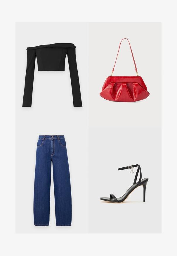 Schwarzes, schulterfreies, gekürztes Oberteil mit langen Ärmeln, das ein strukturiertes Design und Knotendetails am Halsauschnitt aufweist, gefertigt aus glattem Stoff.; Weite blaue Denim-Jeans mit hoher Taille, vorne mit Taschen und orangefarbener Naht. Der Stoff hat eine glatte Textur mit einem klassischen Finish.; Schwarze High-Heel-Sandale mit schmalem Knöchelriemen, quadratischer Zehenbox, glattem Leder und metallischem Schnallenakzent.; Rote Leder-Umhängetasche mit strukturiertem Rahmen, plissiertem Körper und dünnem, verstellbarem Riemen vor einfarbigem Hintergrund.