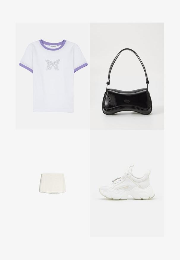 Hvid bomulds t-shirt med korte ærmer, lilla ribbet halsudskæring og rib, prydet med et sommerfuglemotiv lavet af rhinsten på fronten.; Hvid mininederdel i blonder med diskret blomsterprint og bølget kant, vist på en hvid baggrund.; Hvide chunky sneakers lavet af læder og mesh-materialer, med en tyk sål, rund tå og dekorative snørebånd. Let teksturerede detaljer.; Sort patentlæder håndtaske med en buet form, et enkelt håndtag og en rund bund. Har en subtil logo-detalje på forsiden.