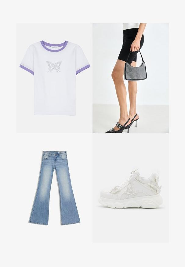 T-shirt en coton blanc à manches courtes, avec un col et des poignets en ribbed violet, arborant un motif de papillon en strass sur le devant.; Jean en denim bleu clair à taille haute, poches avant et jambes larges évasées, posé à plat sur un fond blanc.; Baskets blanches épaisses avec une semelle épaisse et des accents décoratifs de papillons en 3D sur le côté, les lacets et le talon.; Sac à main à perles noires avec une silhouette courbée, une poignée de transport et une texture brillante. Porté avec des chaussures à talons hauts noires et un short noir ajusté.