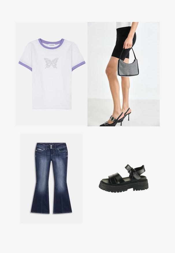 Hvid bomulds t-shirt med korte ærmer, lilla ribbet halsudskæring og rib, prydet med et sommerfuglemotiv lavet af rhinsten på fronten.; Mørkeblå, viddeudvidede jeans lavet af denim, med fem lommer, kontrastsyninger og lukning med knap samt dekorative detaljer foran.; Sort sandal med chunky sål, to brede stropper foran, ankelstrop og sølvspænde på hvid baggrund.; Sort perlehandtaske med en buet silhuet, bærehåndtag og blank overflade. Båret med højhælede sorte sko og tætsiddende sorte shorts.
