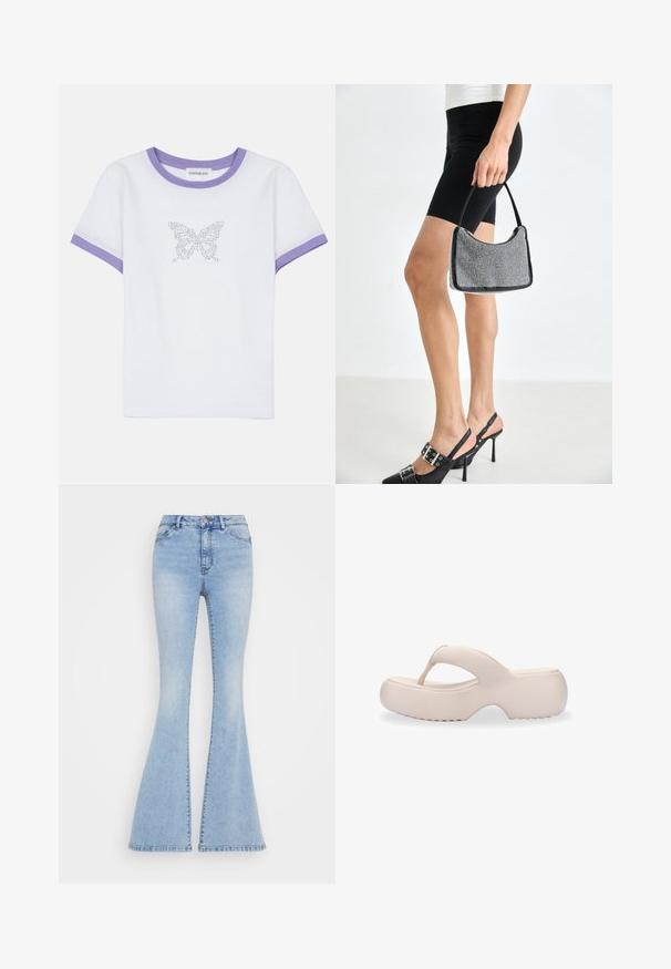 Camiseta de algodón blanca con mangas cortas, cuello y puños de canalé morados, que presenta un diseño de mariposa hecho de strass en la parte delantera.; Vaqueros acampanados de color azul claro en denim de peso medio, con cintura alta, diseño clásico de cinco bolsillos y costuras prominentes a lo largo de las piernas.; Melissa FREE FUZZY - Sandalias de dedo - beige; Bolso de cuentas negras con una silueta curva, asa de transporte y textura brillante. Llevado con zapatos de tacón altos negros y pantalones cortos negros ajustados.