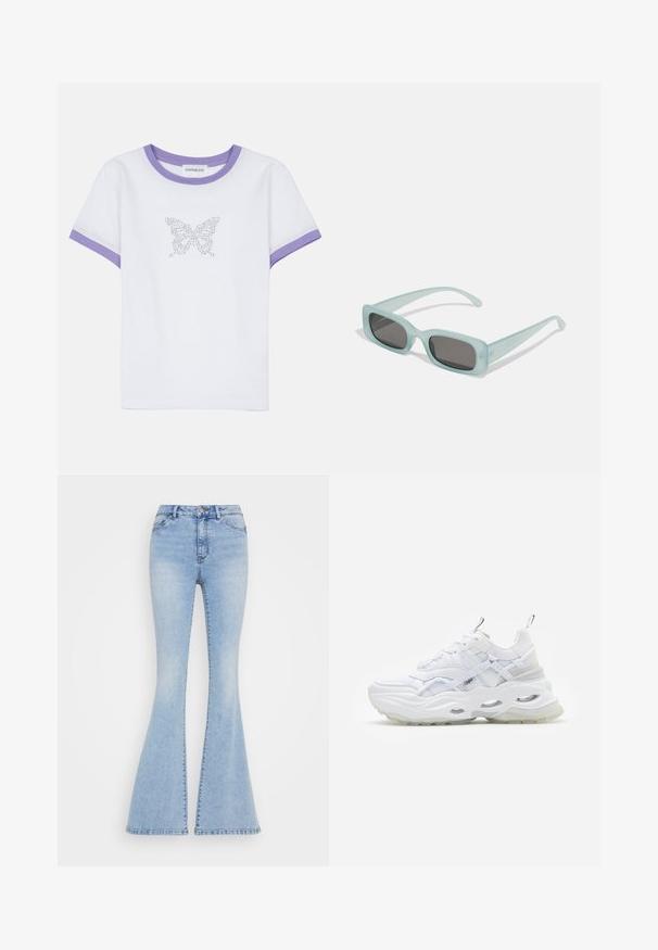 Hvid bomulds t-shirt med korte ærmer, lilla ribbet halsudskæring og rib, prydet med et sommerfuglemotiv lavet af rhinsten på fronten.; Lysblå flare-jeans i mellemstærkt denim, med høj talje, klassisk fem-lomme design og fremtrædende sømdetaljer langs benene.; Hvide sneakers med en kraftig sål, lagdelt mesh og syntetisk overdel, med mønstrede detaljer, snøresystem og hæl-dragtag.; Et par rektangulære solbriller med lyseblå gennemsigtige stel og mørkegrå linser, der har lige templer og minimale hardware detaljer.