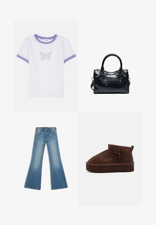 Weißes Baumwoll-T-Shirt mit kurzen Ärmeln, lila geripptem Ausschnitt und Bündchen, mit einem Schmetterlingsdesign aus Strasssteinen auf der Vorderseite.; Blaue Denim-Jeans mit ausgestelltem Bein, Vordertaschen und Knopfverschluss, gezeigt vor weißem Hintergrund.; Braune Wildleder-Stiefelette mit runder Spitze, weicher Oberfläche und dicker Plattformsohle. Verfügt über dezente Nähte und eine Lasche an der Rückseite.; Schwarze glänzende Lederhandtasche mit zwei Griffen, vorderer Reißverschlusstasche und abnehmbarem Schulterriemen auf weißem Hintergrund.