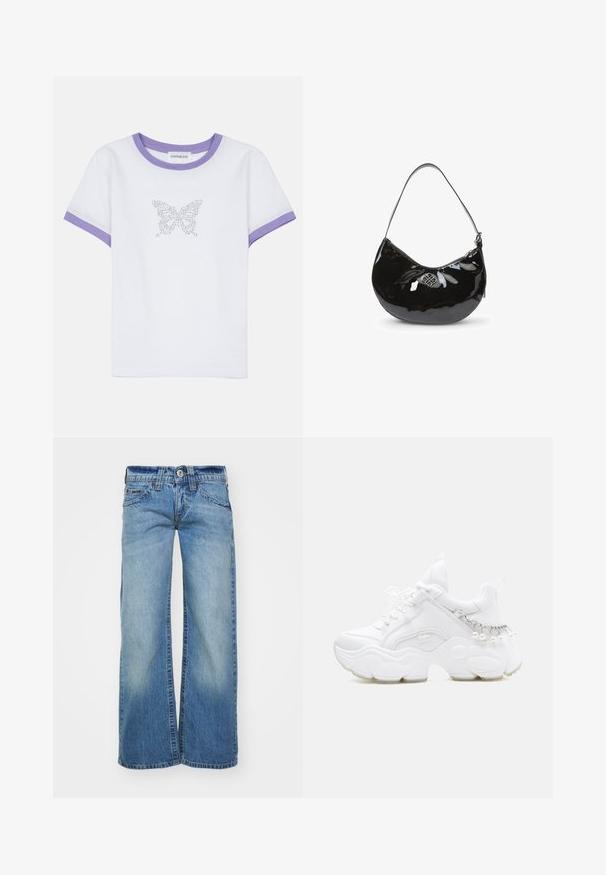 Camiseta de algodón blanca con mangas cortas, cuello y puños de canalé morados, que presenta un diseño de mariposa hecho de strass en la parte delantera.; Jeans de pierna ancha color azul claro en tela de mezclilla, con un lavado desgastado, cinco bolsillos y un cierre de botón con pasadores para cinturón.; Zapatilla blanca de estilo grueso con suela gruesa, cierre de cordones en la parte frontal y detalle de cadena con perlas colgantes en el talón.; Bolso de mano de charol negro con forma curva, correa para el hombro única, cierre de cremallera y un logotipo metálico decorativo. Textura suave.