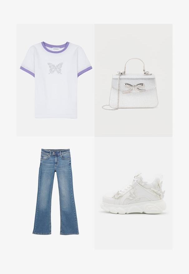 T-shirt en coton blanc à manches courtes, avec un col et des poignets en ribbed violet, arborant un motif de papillon en strass sur le devant.; Jean bootcut en denim bleu avec fermeture à double bouton et poches avant, montrant un léger délavage aux cuisses et aux genoux.; Baskets blanches épaisses avec une semelle épaisse et des accents décoratifs de papillons en 3D sur le côté, les lacets et le talon.; Petit sac à main argenté avec une anse supérieure, une bandoulière chaîne et un nœud décoratif avec des strass sur le rabat avant.
