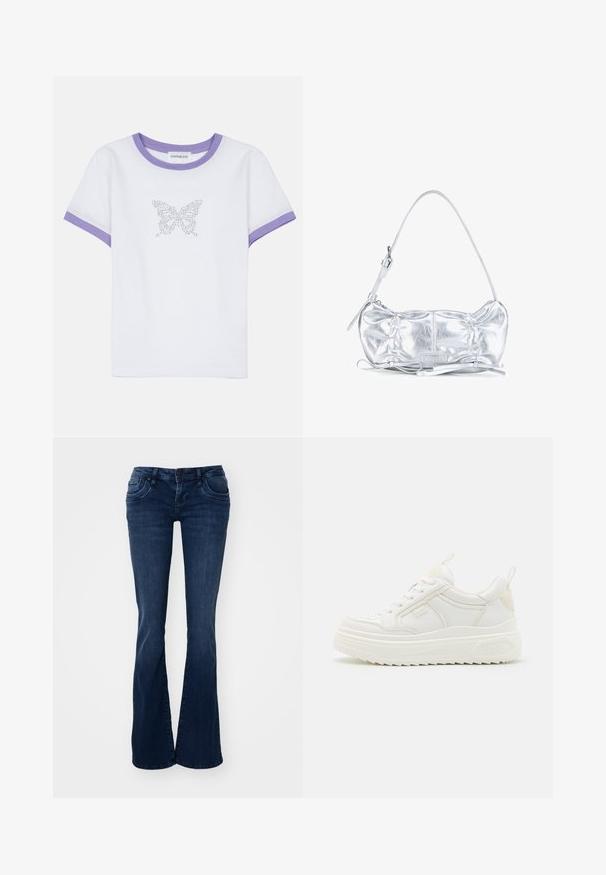 T-shirt en coton blanc à manches courtes, avec un col et des poignets en ribbed violet, arborant un motif de papillon en strass sur le devant.; Jean évasé bleu foncé en denim, avec des poches avant, une fermeture à bouton et une texture lisse.; Baskets en cuir blanc avec une semelle épaisse, design à lacets et branding subtil. Présentent une texture lisse et un bout arrondi.; Sac bandoulière métallique argenté avec un design froncé, une sangle réglable et des détails décoratifs en nœud sur fond blanc.