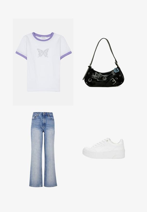 Weißes Baumwoll-T-Shirt mit kurzen Ärmeln, lila geripptem Ausschnitt und Bündchen, mit einem Schmetterlingsdesign aus Strasssteinen auf der Vorderseite.; Hellblaue Denim-Weite-Bein-Jeans mit hoher Taille, Knopfverschluss, subtilen Verwaschungen und klassischem Fünf-Taschen-Design.; Weißer Plateau-Sneaker mit Schnürung vorne, perforierten Seitendetails und dicker Sohle, von der Außenseite vor weißem Hintergrund gezeigt.; Schwarze Lackleder-Handtasche mit geschwungener Form, ausgestattet mit silbernem Beschlag, dekorativen Schnallen und einem kurzen Griff. Blaue Anhängeschild befestigt.