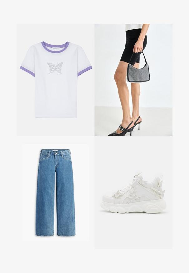 Weißes Baumwoll-T-Shirt mit kurzen Ärmeln, lila geripptem Ausschnitt und Bündchen, mit einem Schmetterlingsdesign aus Strasssteinen auf der Vorderseite.; Hellblau weite Jeans aus Denim, mit hoher Taille, fünf Taschen und einem klassischen Knopfverschluss. Gerader Schnitt vom Oberschenkel bis zum Saum.; Weißer klobiger Sneaker mit dicker Sohle und dekorativen 3D-Schmetterlingsakzenten an der Seite, den Schnürsenkeln und der Ferse.; Schwarze Perlen-Handtasche mit geschwungener Silhouette, Tragegriff und glänzender Textur. Kombiniert mit schwarzen High Heels und enganliegenden schwarzen Shorts.