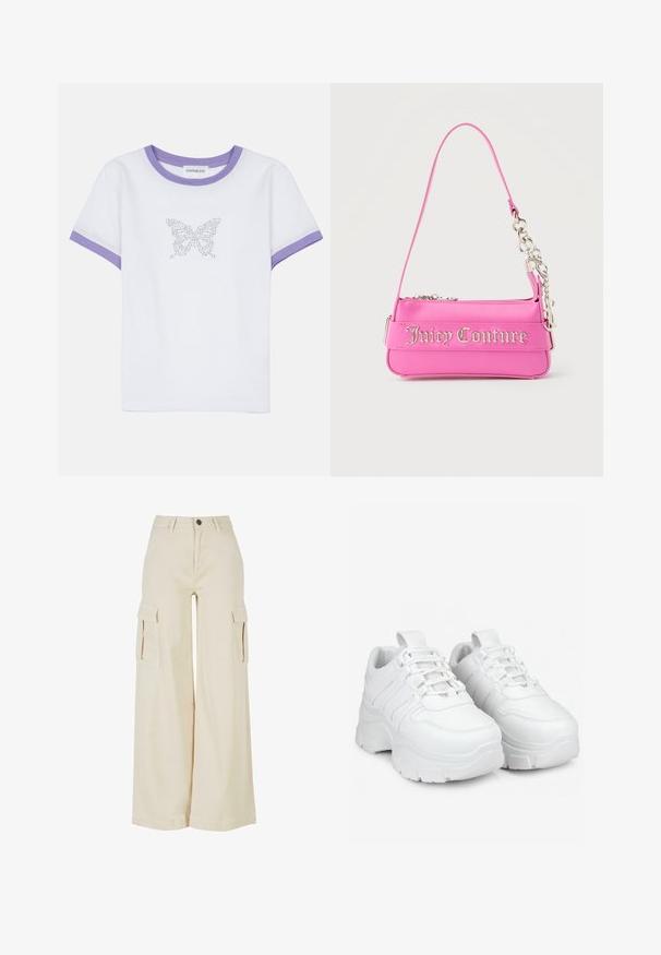 Camiseta de algodón blanca con mangas cortas, cuello y puños de canalé morados, que presenta un diseño de mariposa hecho de strass en la parte delantera.; Pantalones cargo de pierna ancha color beige, fabricados en algodón, con dos grandes bolsillos laterales, cierre de botón en la parte delantera y un dobladillo limpio.; Las zapatillas blancas presentan un diseño voluminoso con una suela gruesa, paneles texturizados y un cierre de cordones. Están hechas de un material sintético suave.; Bolso pequeño de Juicy Couture de color rosa brillante con detalle de cadena plateada y letras del logo en el frente, con una sola correa estrecha para el hombro.