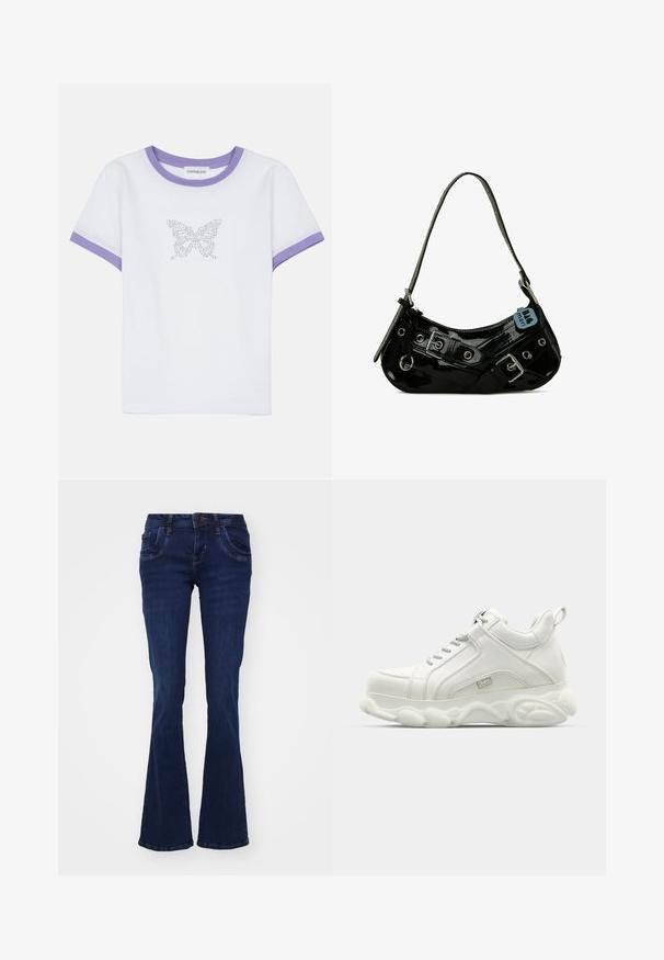 T-shirt en coton blanc à manches courtes, avec un col et des poignets en ribbed violet, arborant un motif de papillon en strass sur le devant.; Jean flare bleu foncé en denim. Comprend cinq poches, une fermeture éclair à l'avant et des détails de couture le long des coutures.; Baskets blanches de sport avec une tige en cuir lisse, une semelle arrondie et un accent texturé. Comprend des lacets et une languette à l'arrière.; Sac à main en cuir verni noir avec une forme incurvée, présentant des ferrures en argent, des boucles décoratives et une bandoulière courte. Étiquette bleue attachée.