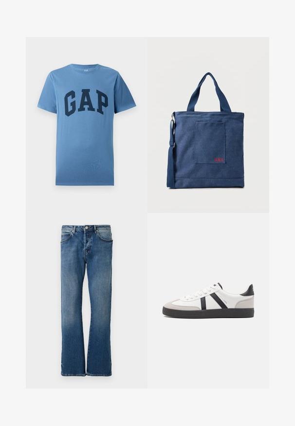 Blauwe T-shirt met korte mouwen en ronde hals, met grote donkerblauwe 'GAP' tekst gedrukt op de borst.; Lichtblauwe denim jeans met een rechte pijpontwerp, voorzien van vijf zakken, een knoopsluiting en subtiele vervagingen op de stof.; Witte sneaker met zwarte en grijze accenten, voorzien van een grijze neus met textuur, zwarte rubberen zool en platte witte veters. Schoon ontwerp, minimalistische stijl.; Blauwe canvas tas met voorvak en rode "O.N.S" borduring, voorzien van dubbele handvatten en een verstelbare schouderriem.
