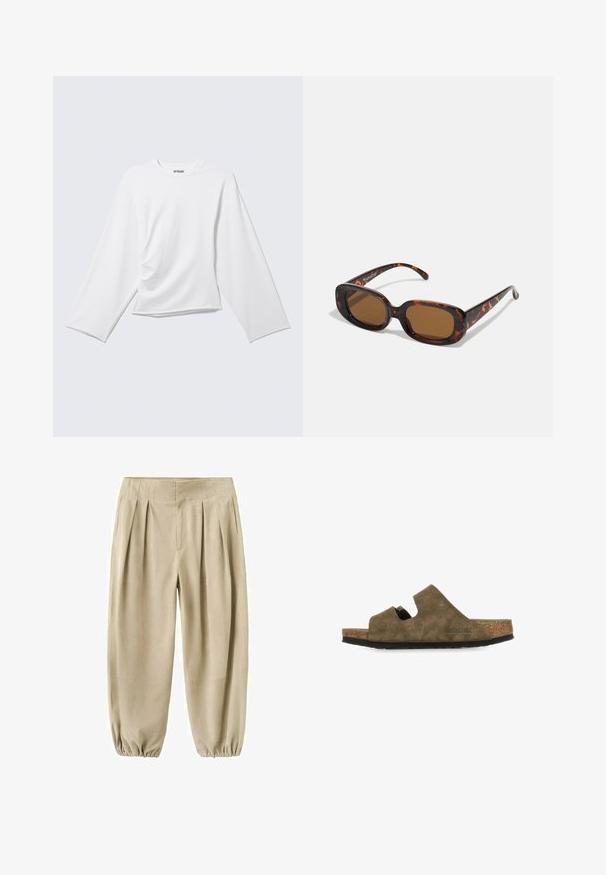 Camiseta blanca lisa de manga larga con cuello redondo, con un sutil detalle de drapeado en el frente y un ajuste ligeramente holgado.; Pantalones beige plisados con cintura alta y puños elásticos, confeccionados con un tejido suave adecuado para uso casual.; Sandalia tipo slip-on de ante marrón con plantilla de corcho, presenta un diseño con recortes y suela de goma negra texturizada. Logo de la marca visible en el lateral.; Gafas de sol de carey con forma rectangular, lentes marrones, montura de plástico suave y varillas delgadas que presentan sutiles patrones tonales.