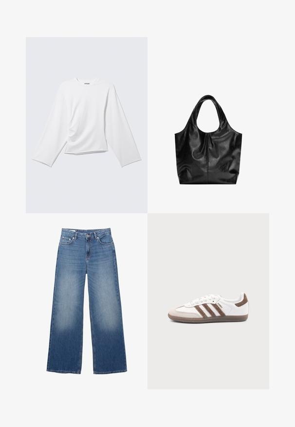 Simpel hvid langærmet rundhalset trøje med subtilt fald foran og en let løs pasform.; Blå brede jeans i denim med knap og lynlås foran, der har lommer foran og bagpå samt let falming på lårene.; Hvid Adidas Samba sneaker med brune ruskindstriber, brun gummisål og beige ruskindståhætte, vist fra ydersiden på en ensfarvet baggrund.; Sort læder tote taske med en glat overflade, en blød, afrundet top og brede håndtag. Har minimal syning og en afslappet silhuet.